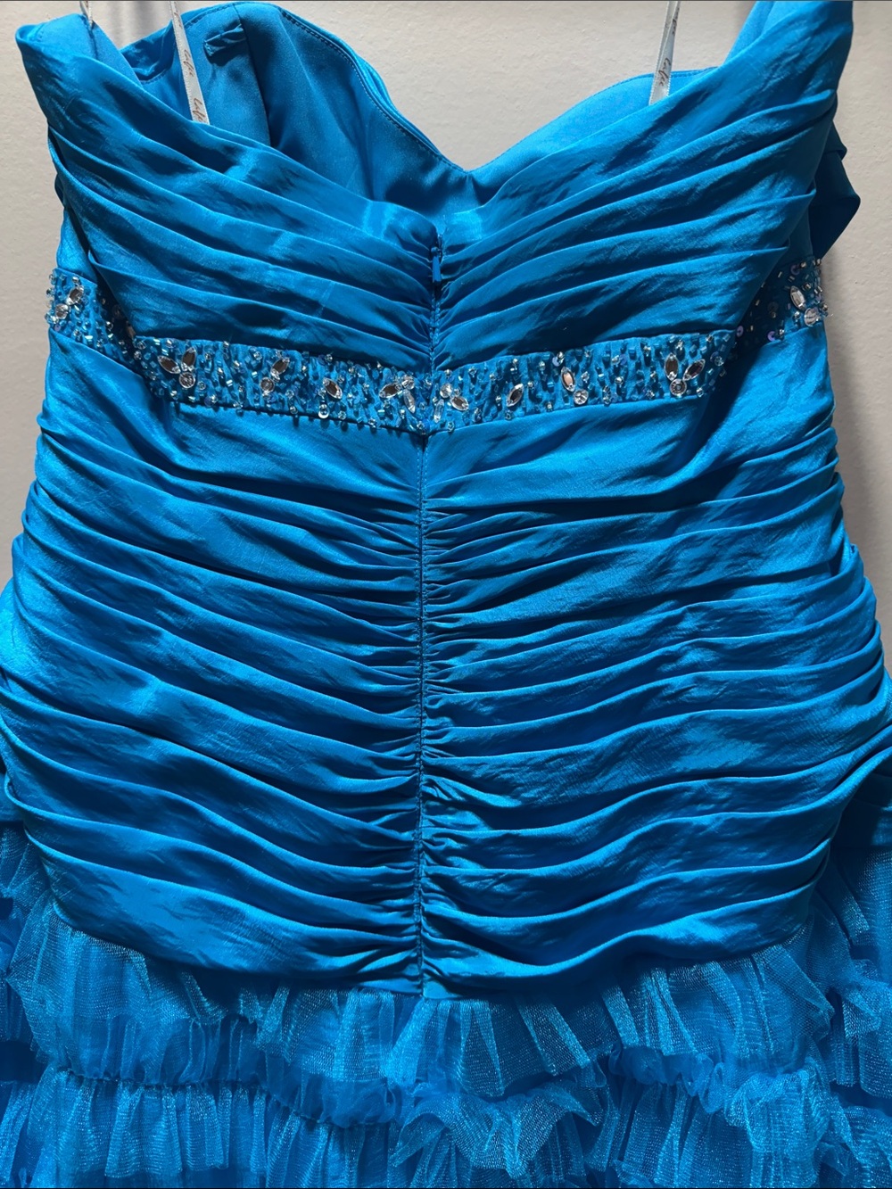 Strapless Ruffled Turquoise Evening Dress - Picture 4 of 8
